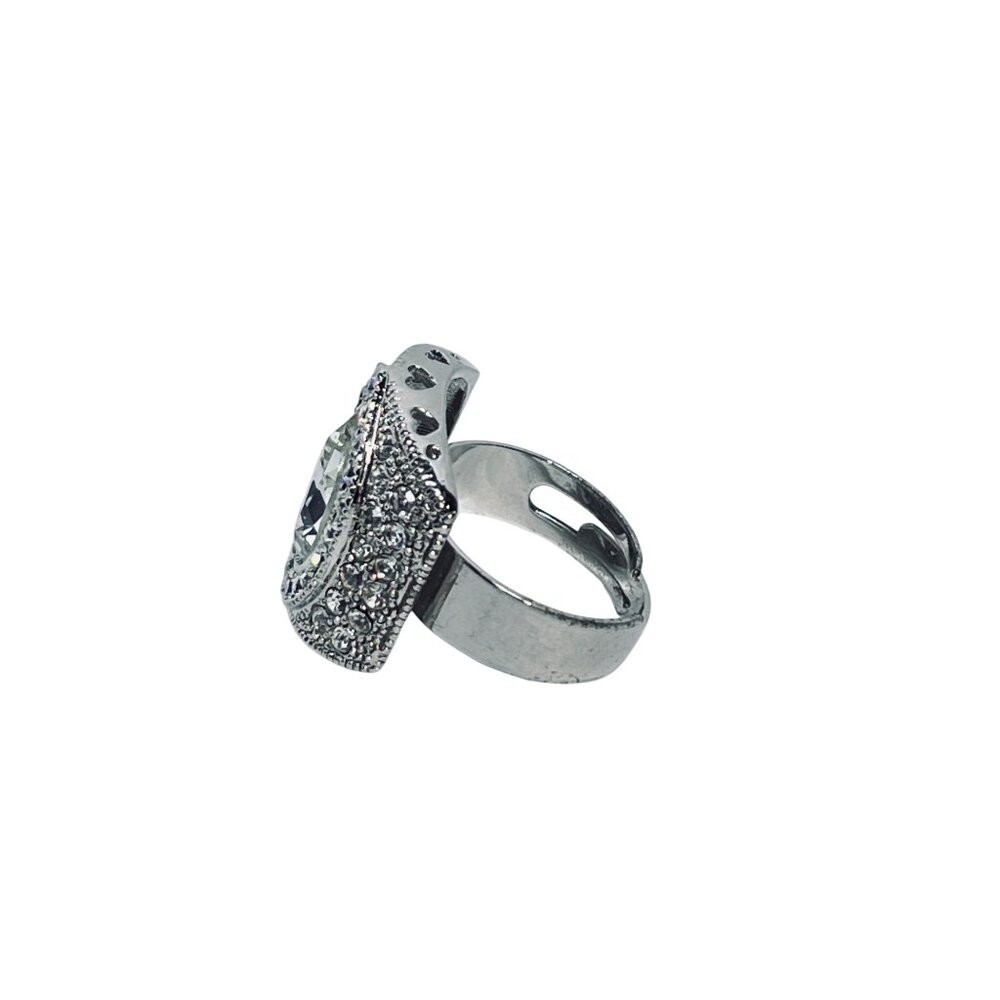 Silver Tone Tear Drop Clear Rhinestone Adjustable Statement Ring (R468) - Picture 3 of 6